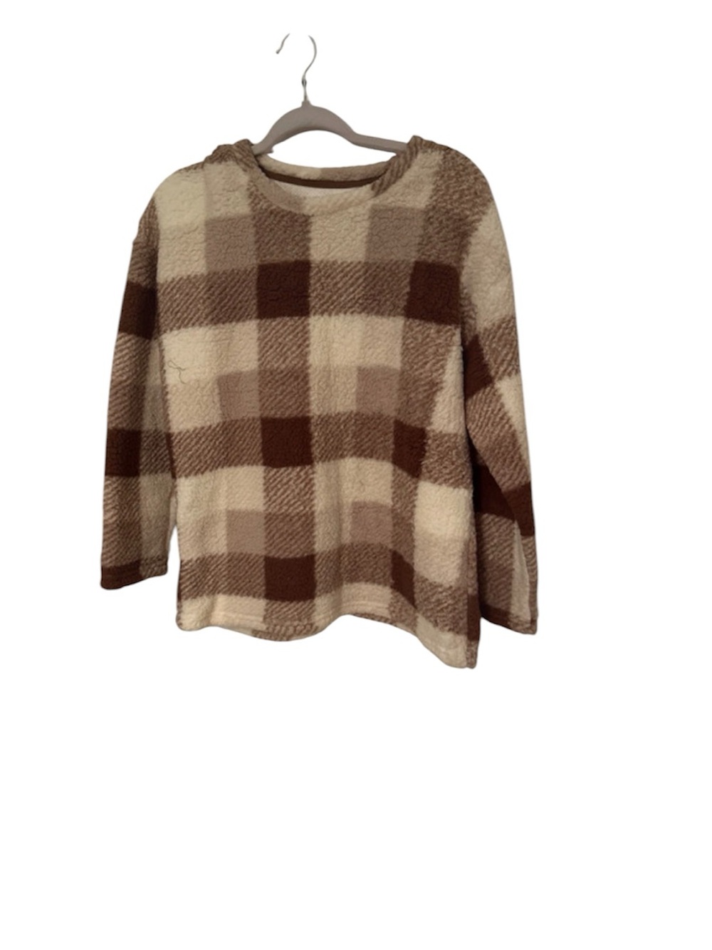 Cuddl Duds Cream & Brown Plaid Fleece Pullover